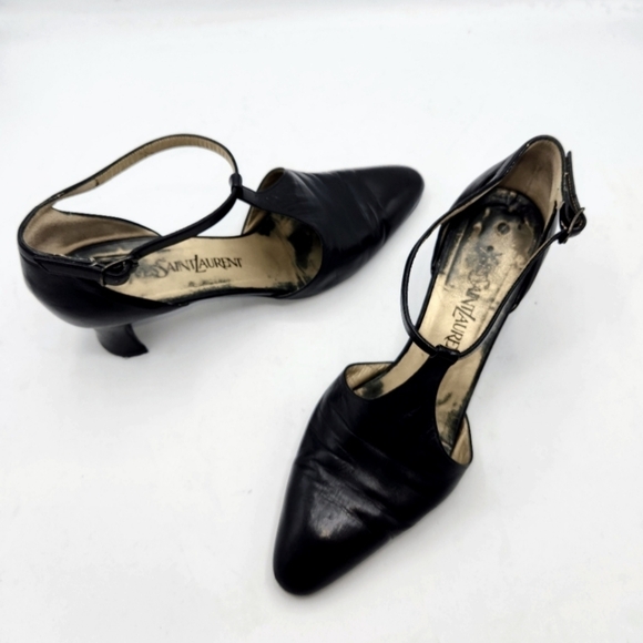 YVES SAINT LAURENT VINTAGE LEATHER T-STRAP ALMOND TOE MARY JANE SHOES BLACK 7.5 - Picture 11 of 15